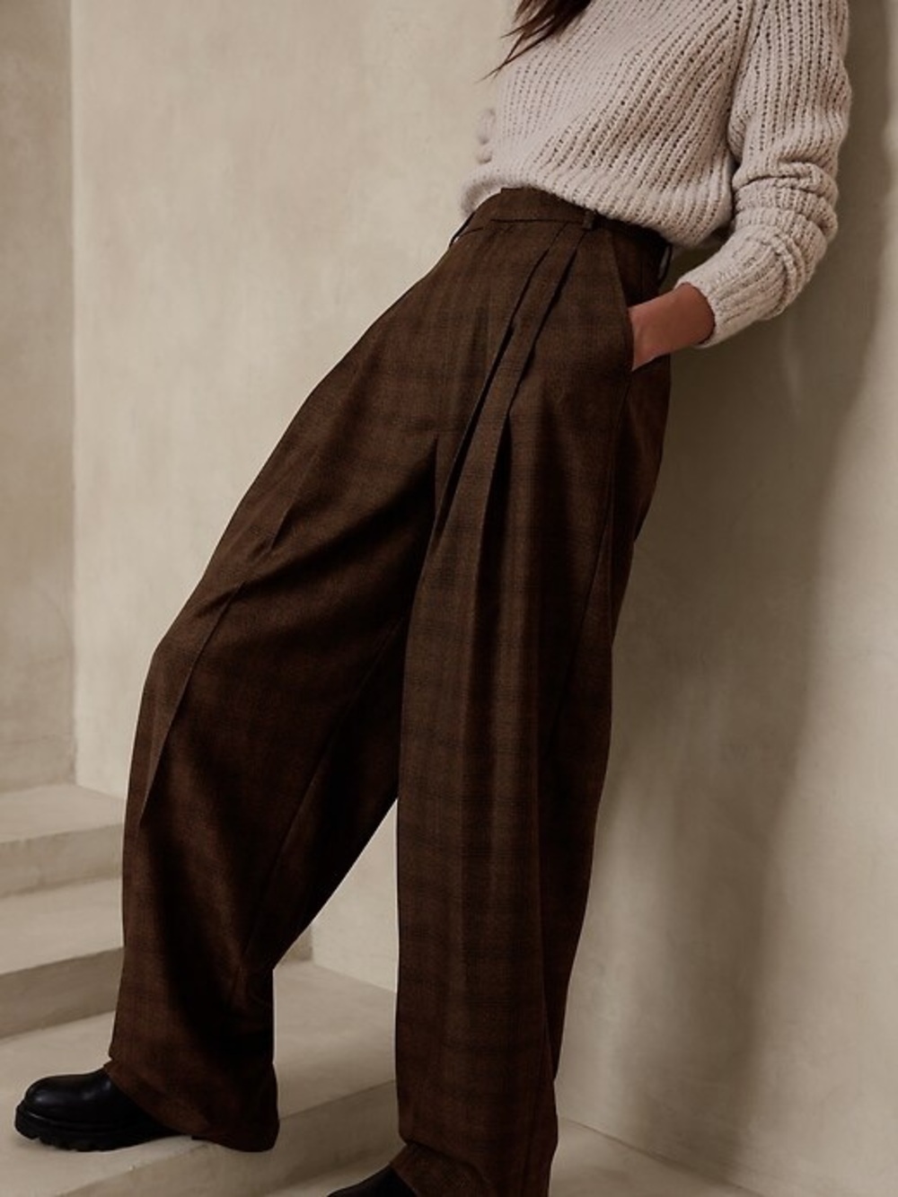 Banana Republic Vasto Wide Leg Italian Wool Trouser Pant Brown Plaid Size 4